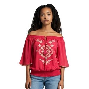 Flying Tomato Embroidered Detail Off the Shoulder Boho Top